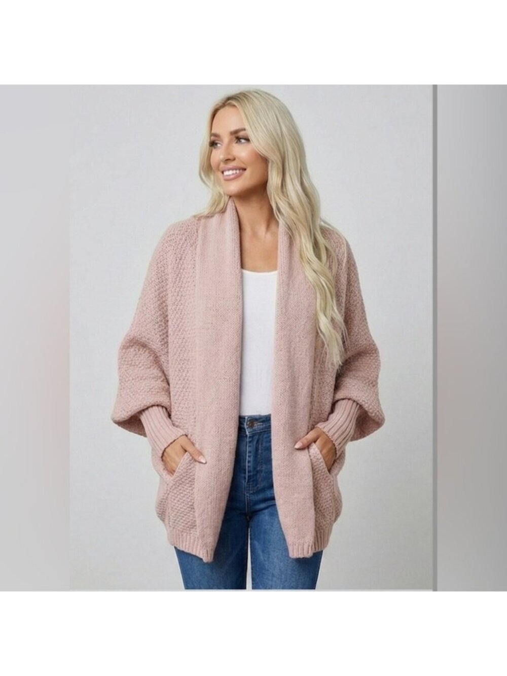 Lantern Sleeve Shawl Collar Cardigan Pink